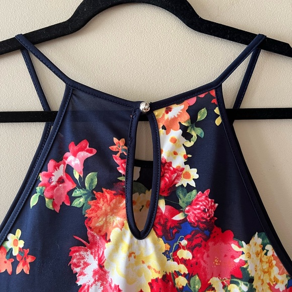 Sweet Wanderer Navy with Bright Coloured Floral Print Tank Top with Crochet Hem - Picture 10 of 11